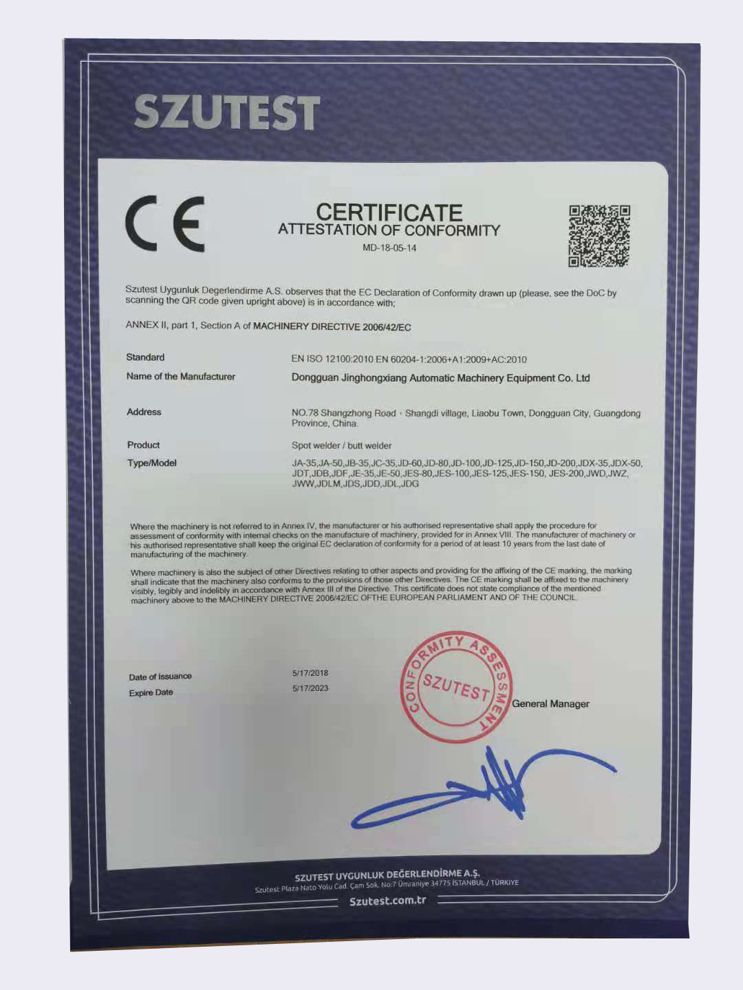 CHINA Dongguan Jinghongxiang Automation Equipment Co., Ltd. Certificaten